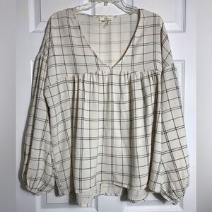 Entro Plaid Boho V-Neck Peasant Tunic Top Cream/Black Size L